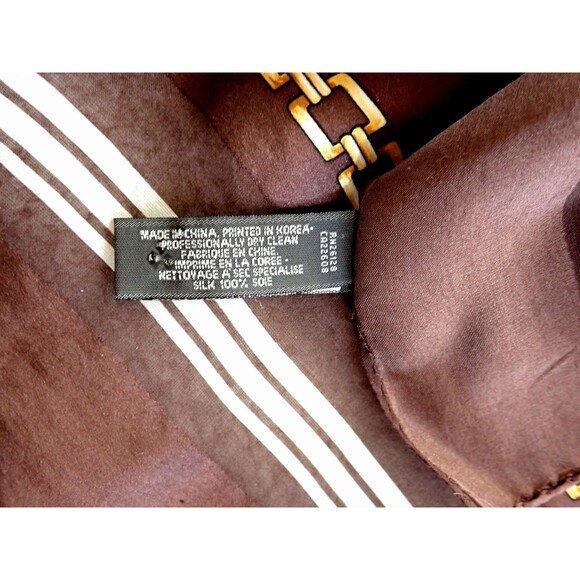 Echo Silk Scarf Brown Gold Chain White Stripe MCM Pattern 35" x 33" Mid Century - Picture 3 of 7